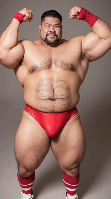 black hair, middle-aged man, individual, male, Muscular wrestler, muscular, Stout wrestler, Asian, Japanese, uncle, 55 year old middle-aged man, short hair, short hair, red wrestling boots, full body portrait, shadow, Vision, red briefs, obesity, 45 years ...