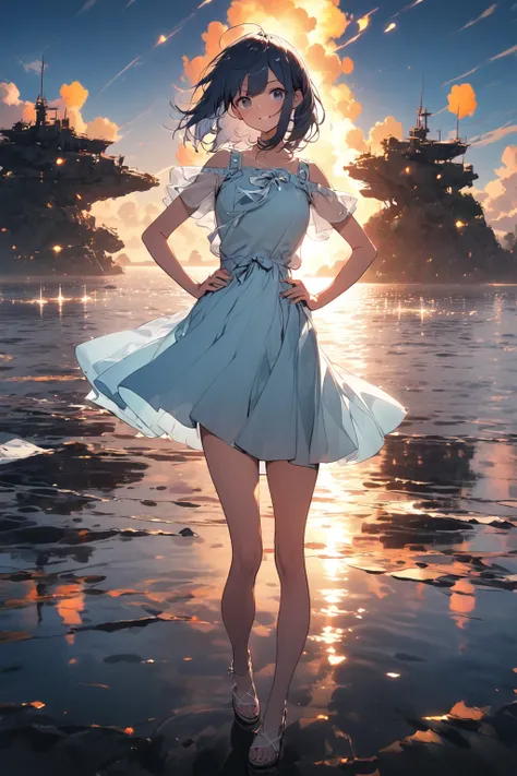 A girl，Blue Hair，Very energetic，Complete mission structure，Delicate face，(absurdres:1.1),full_shot,(posing:1.1),On the lake，Reflection