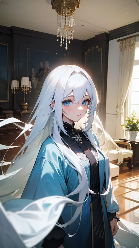 A woman with long white hair,Blue eyes,in the living room of a beautiful modern house 