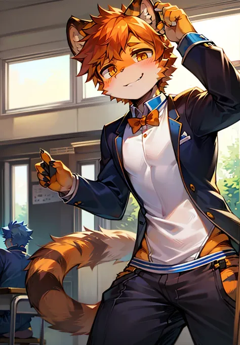 A boy with full body hair, cat nose, orange hair and black stripes and amber eyes wearing a blue and white uniform in the classroom smiling shyly at school