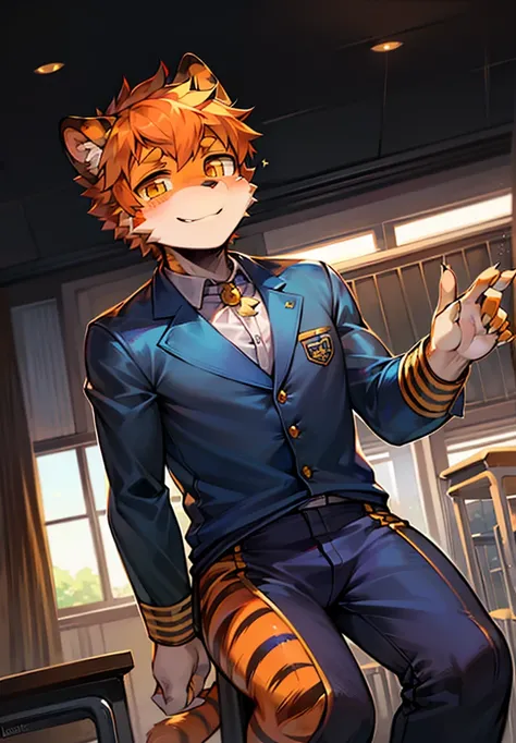 A boy with full body hair, cat nose, orange hair and black stripes and amber eyes wearing a blue and white uniform in the classroom smiling shyly at school