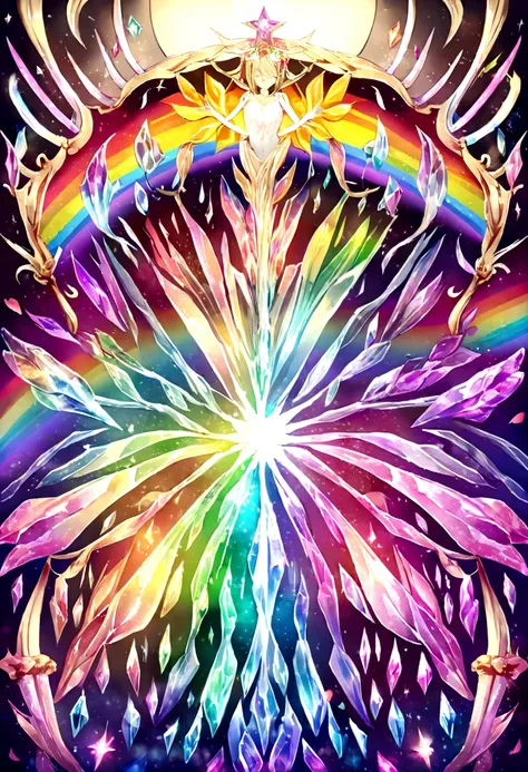 A radiant rose with petals displaying rainbow-like colors,emanating the light of both the sun and the moon，Crystal material