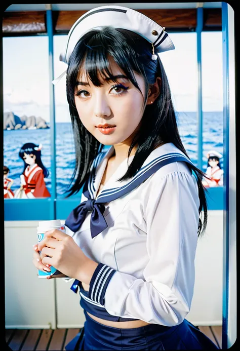 instax, snapshot, Realistic, Photography, jpop girl groups girl, Japanese-idol-face girl, A girl with a face like a beautiful anime cosplayer, 17-years-old, kawaii, Japanese sailor , black hair, straight hair, Lomography, blue and white, cinematic shot, dy...