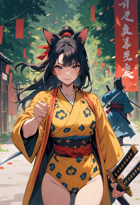 female samurai，Smiles, is wearing a leopard swimsuit, with cat ears, pretty, big , winks at the viewer, Sword in both hands, you see the whole body, runs to the spectator