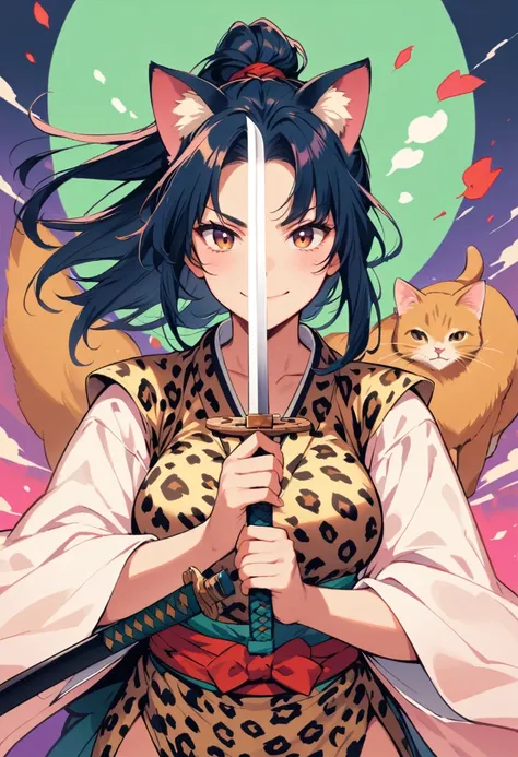 female samurai，Smiles, is wearing a leopard swimsuit, with cat ears, pretty, big , winks at the viewer, Sword in both hands, you see the whole body, runs to the spectator