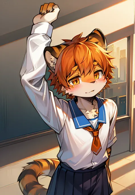 Tiger Shota with orange hair and black stripes and amber eyes is shy in the school classroom wearing a blue and white school uniform