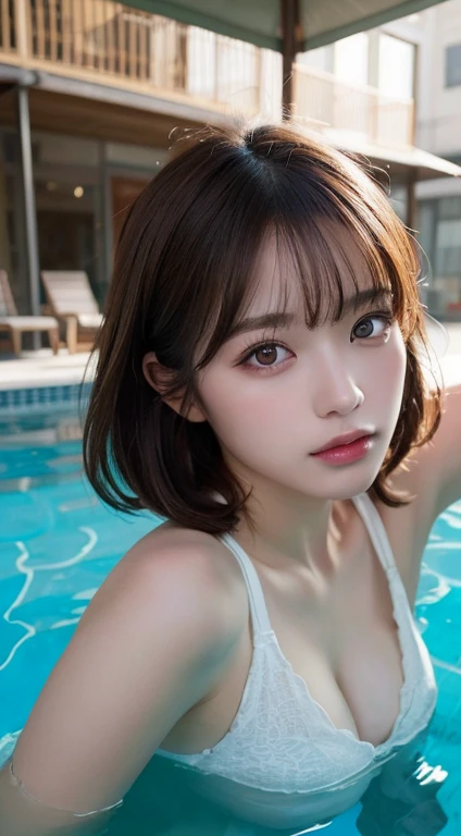 masutepiece, Best Quality, Illustration, Ultra-detailed, finely detail, hight resolution, 8K Wallpaper, Perfect dynamic composition, Beautiful detailed eyes , Pool, Sexy face