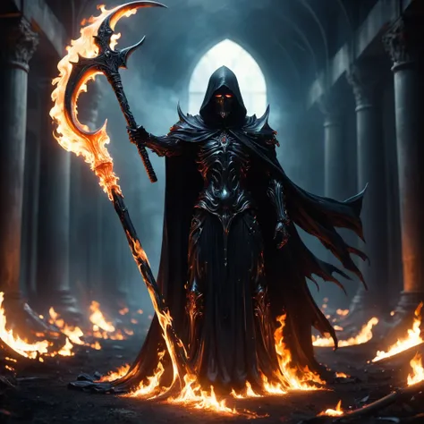 incredible quality, work of art, best qualityer, hyper detailled, ultra detaild, ultra HD, Perfect Anatomia, nblurry background, Flame environment, Hall, biogas, 
Carrying the Death Scythe, armors, (holding the scythe of death:1.3), arm up,( with no face:1...