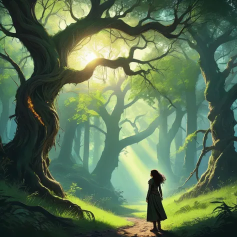 Under the canopy of ancient, twisted trees, a young female teenager with curly brown hair stands at the edge of a grassfield. Her simple brown farmers outfit, worn and patched, contrasts sharply with the shadowy, mystical ambiance of the woods.

From the b...