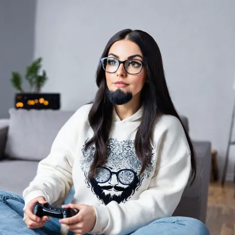 woman with huge and beautiful beard, long black hair, wears glasses, sweatshirt, geek nerd, plays video games