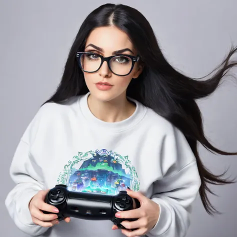 woman with huge and beautiful beard, long black hair, wears glasses, sweatshirt, geek nerd, plays video games