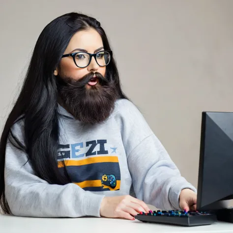 woman with huge and beautiful beard, long black hair, wears glasses, sweatshirt, geek nerd, plays video games