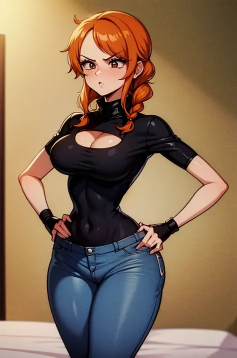 1 female, hourglass figure, pouty look, housewife, cleavage, Black turtleneck, small waist, thick thighs, orange hair, braided, hands on hips, tight jeans, masterpiece, 4k.
