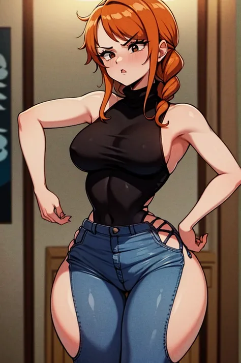 1 female, hourglass figure, pouty look, housewife, cleavage, Black turtleneck, small waist, thick thighs, orange hair, braided, hands on hips, tight jeans, masterpiece, 4k.
