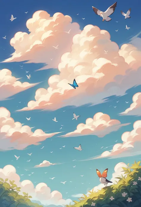 masterpiece, best quality, 1girl, bird, seagull, sky, cloud, polka_dot, blue_sky, solo, cloudy_sky, bug, butterfly, day, blush, flock, outdoors, Abigail