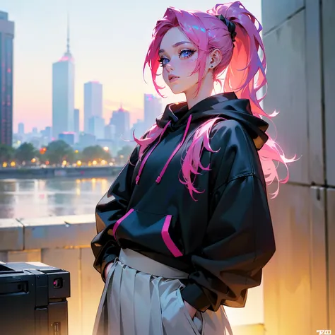 a 16 year old boy with pink hair in a ponytail, beautiful detailed eyes, beautiful detailed lips, extremely detailed face, long eyelashes, wearing a black hoodie and white skirt, standing in a city background, (best quality,4k,8k,highres,masterpiece:1.2),u...