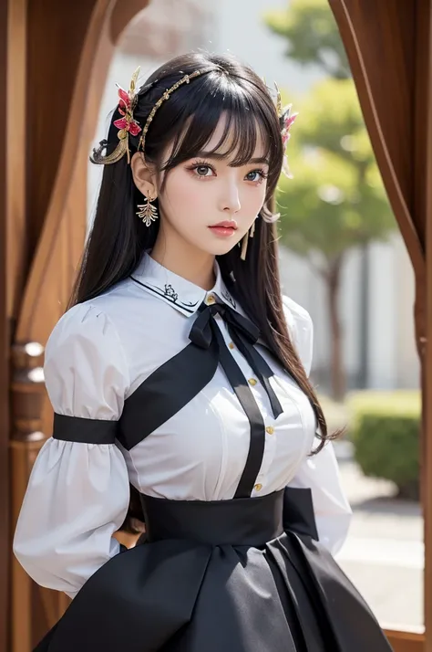 Highest quality, (Realistic:1.2), One girl, alone, Detailed face, Face Focus, Are standing, Black Hair,(hair ornaments:1.35),office lady, Sleeves edged with ribbon, Removable sleeves, Ribbon trim, Wide sleeves, (View your viewers:1.5) Long Hair, Iris, bang...