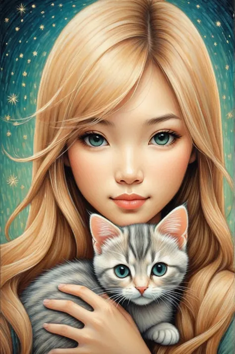 by Duy Huynh, by Audrey Kawasaki, by Becky Cloonan, cute 18 year old woman and her kitten, digital oil pastel on canvasdigital oil pastel on canvasreddish_blonde_haired