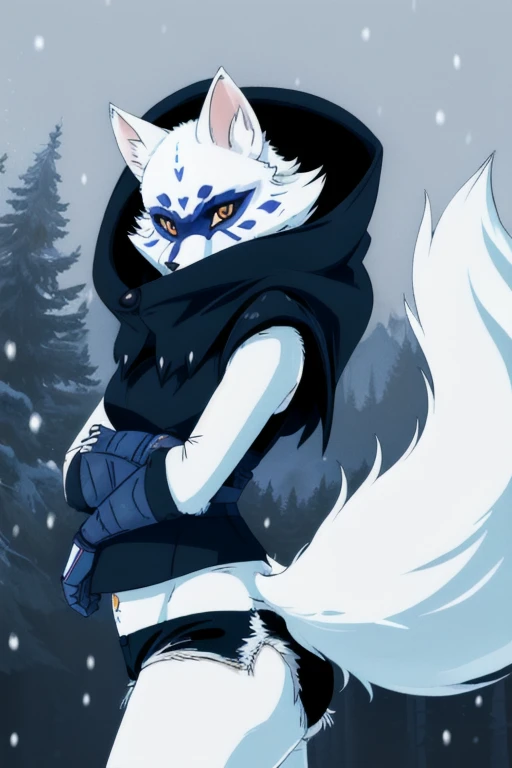 Alopex, arcticfox, tmnt, blue mark face, orange eyes, girl1, solo, snow, black cloak, bandage, tail, black shorts 