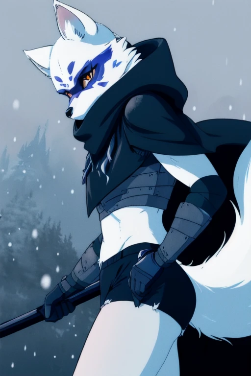 Alopex, arcticfox, tmnt, blue mark face, orange eyes, girl1, solo, snow, black cloak, bandage, tail, black shorts 