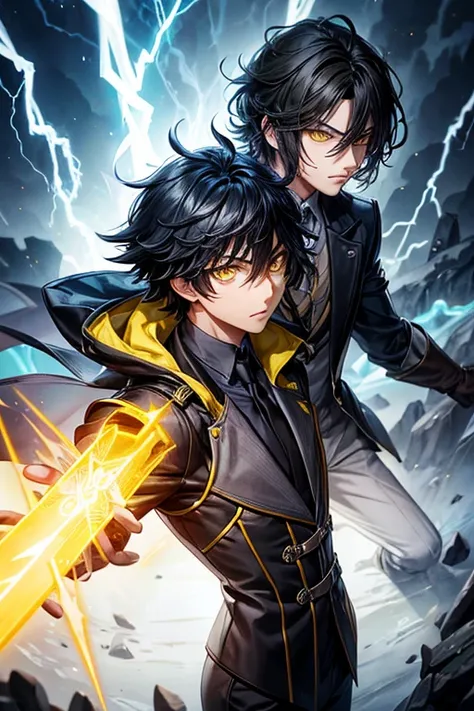 Elementary rays male character, with powers of shadow and lightning, (blackquality hair),(yellow  eyes)