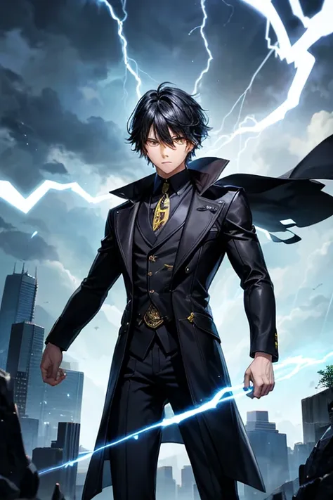 Elementary rays male character, with powers of shadow and lightning, (blackquality hair),(yellow  eyes)