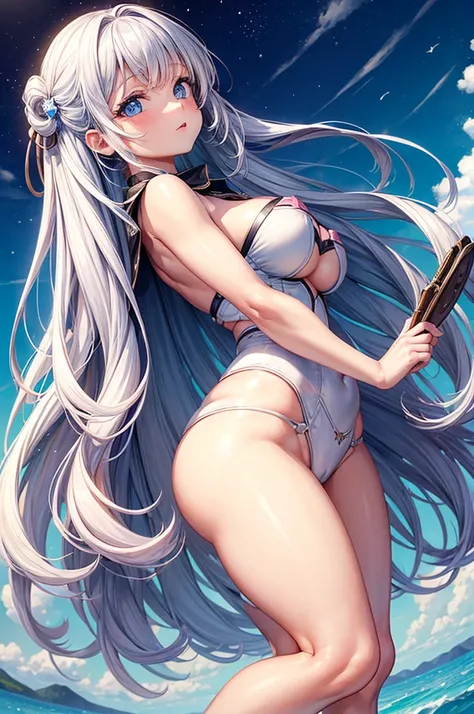 a girl with a childlike appearance of an eight years old. With huge and wide hips, big creamy thighs, round ass, blue eyes, long white hair, medium breasts.