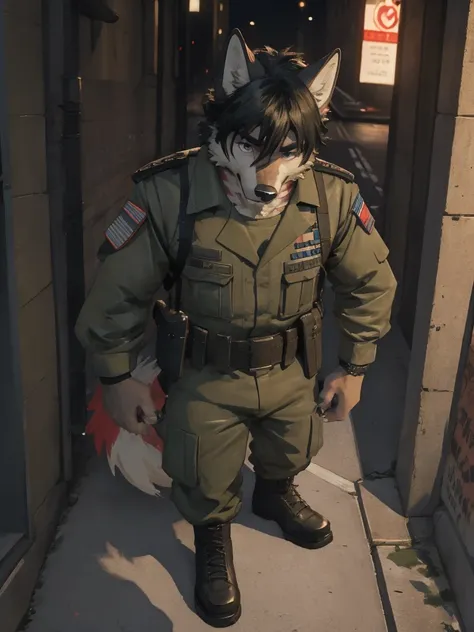 Male, male focus, wolf, short hairs, black fur, white fur, black hair, Red heart stripes on his hair, military uniform, high quality, highlight, shade, shadow, city street, night, scars, high details, Very high level of detail, 