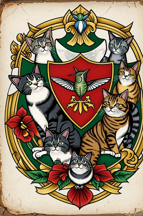 Family crest with cats and hummingbird 