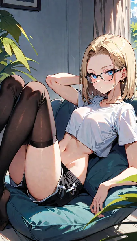 (masterpiece, best quality:1.2), full body, solo, Android 18 from Dragon Ball, ((light gray baggy crop T-shirt, short sleeve, black thin thigh highs, knees up, beautiful butt, gray dolphin shorts)), small breasts, short blonde hair loose, ((blue eyes)), (w...