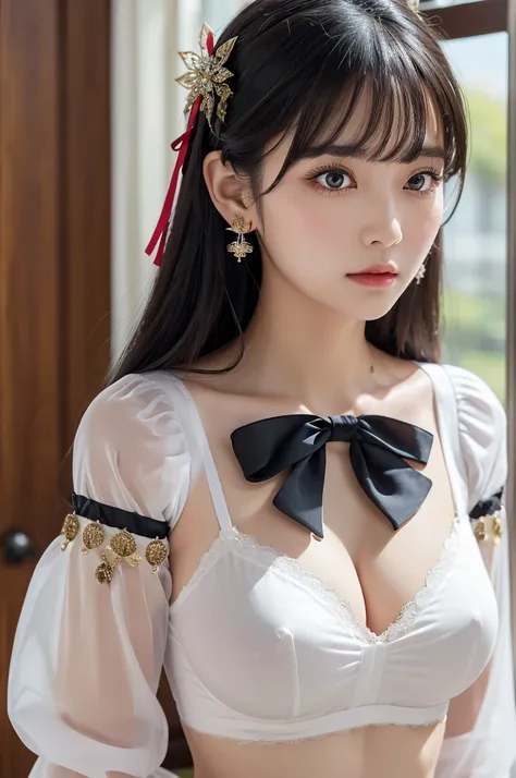 Highest quality, (Realistic:1.2), One girl, alone, Detailed face, Face Focus, Are standing, Black Hair,(hair ornaments:1.35),office lady, Sleeves edged with ribbon, Removable sleeves, Ribbon trim, Wide sleeves, (View your viewers:1.5) Long Hair, Iris, bang...