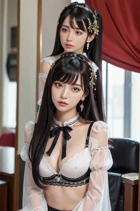 Highest quality, (Realistic:1.2), One girl, alone, Detailed face, Face Focus, Are standing, Black Hair,(hair ornaments:1.35),office lady, Sleeves edged with ribbon, Removable sleeves, Ribbon trim, Wide sleeves, (View your viewers:1.5) Long Hair, Iris, bang...