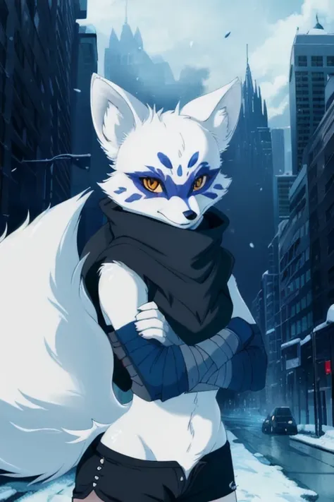 Alopex, arctic fox, tmnt, blue mark face, orange eyes, girl1, solo, city, black cloak, bandage, tail, black shorts 