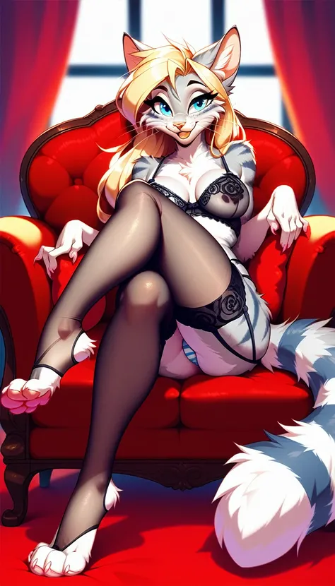 Solo,  score_9, score_8_up,score_7_up, source_furry, Kat, Anthro furry feline girl, tall body, hourglass figure, adult female, blue eyes, silver fur, blonde hair with pony tail, (striped tail), white whiskers, pink nose, wearing elastic underwear, transluc...