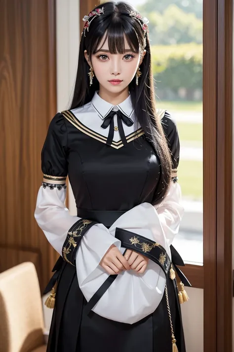 Highest quality, (Realistic:1.2), One girl, alone, Detailed face, Face Focus, Are standing, Black Hair,(hair ornaments:1.35),office lady, Sleeves edged with ribbon, Removable sleeves, Ribbon trim, Wide sleeves, (View your viewers:1.5) Long Hair, Iris, bang...