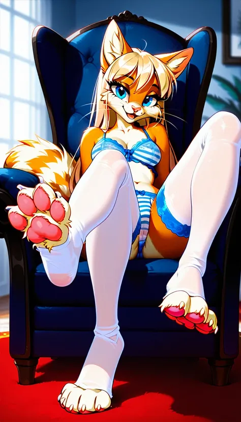 Solo,  score_9, score_8_up,score_7_up, source_furry, Kat, Anthro furry feline girl, tall body, hourglass figure, adult female, blue eyes, silver fur, blonde hair with pony tail, (striped tail), white whiskers, pink nose, wearing elastic underwear, transluc...