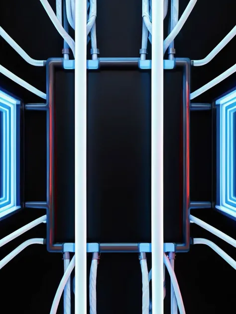 streaming background, infernal themed futuristic background image, cables hell neon, symmetrical image, hell, White wall, negro, blue, wall in the background