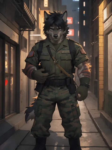 Male, male focus, wolf, short hairs, black fur, white fur, black hair, Red heart stripes on his hair, military uniform, high quality, highlight, shade, shadow, city street, night, scars, high details, Very high level of detail, Very detailed shading 