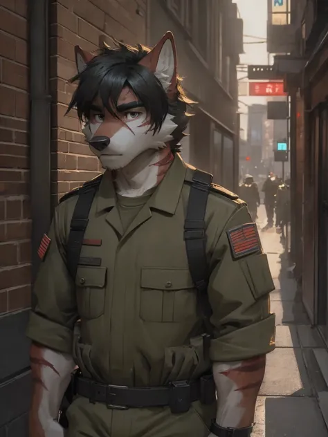 Male, male focus, wolf, short hairs, black fur, white fur, black hair, Red heart stripes on his hair, military uniform, high quality, highlight, shade, shadow, city street, night, scars, high details, Very high level of detail, Very detailed shading 