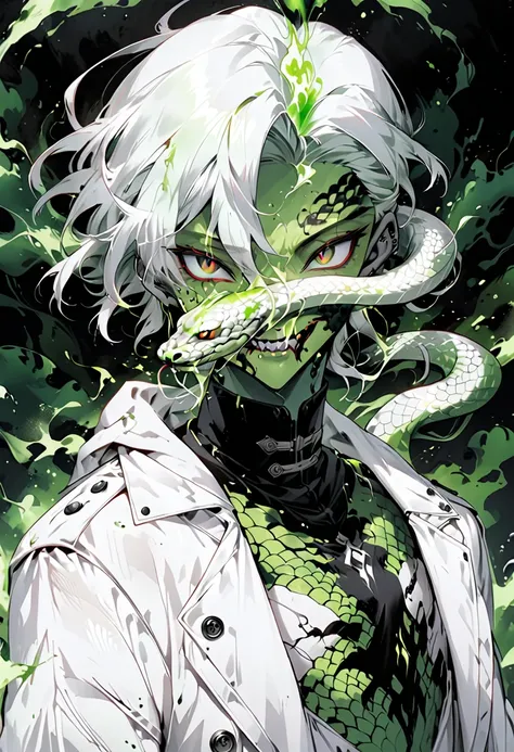 enerate an anime-style illustration of a teenage male character with the appearance of a Gorgon. He should have pale skin, sharp facial features, and a monstrous look, with green scales covering parts of his face and body. His hair should be made entirely ...