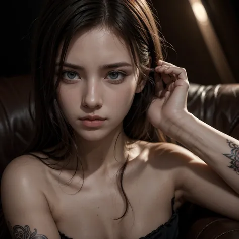 a beautiful woman with full sleeve tattoos, sitting seductively on a sofa, detailed facial features, (best quality,4k,8k,highres,masterpiece:1.2),ultra-detailed,(realistic,photorealistic,photo-realistic:1.37),HDR,UHD,studio lighting,ultra-fine painting,sha...