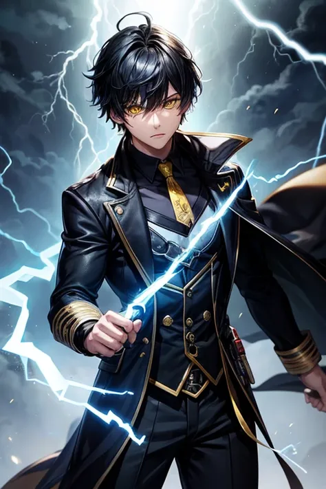 Elementary rays male character, with powers of shadow and lightning, (blackquality hair ),(yellow  eyes) short-hair 