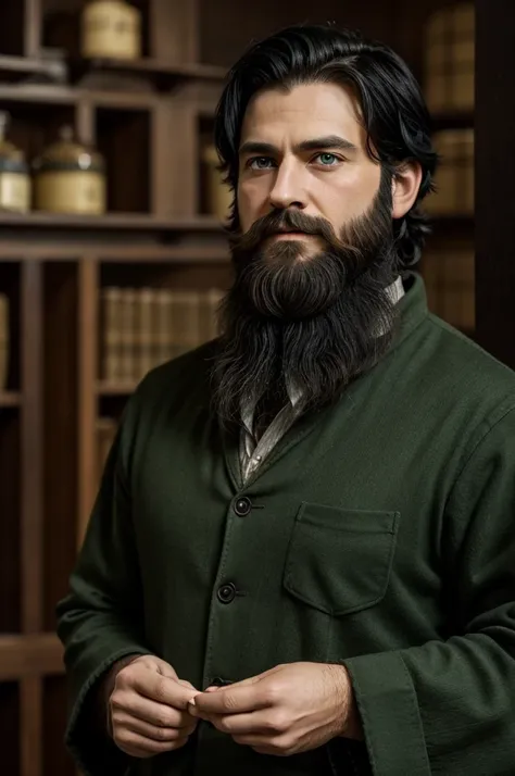 man, short stature, black hair, green eyes, beard, potter. 