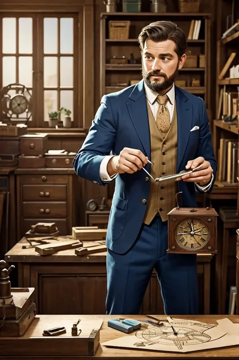 Gentleman fixing a clock in his workshop but in the form of a drawing or animation 