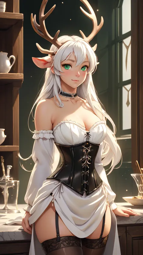 deer girl, ((without antlers)) gentle, ((white colored hair)) ((eat a cute reindeer tail)) long beautiful hair, ((beautiful and ...