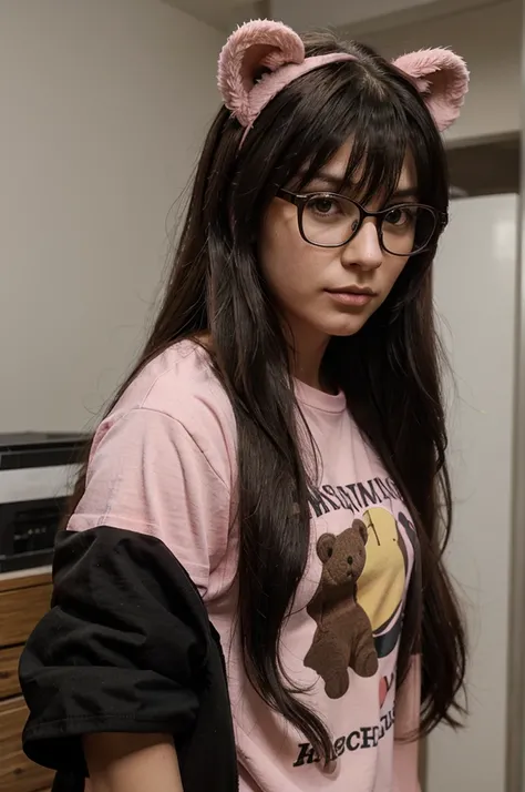 The female character has long hair and her hair color is black, wearing glasses,wearing a pink bear shirt, 