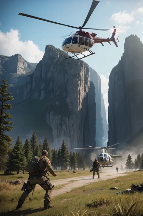 create an image of a realistic survival game, people are building a helicopter 
