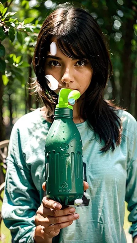 a person drinking water from a water bottle, surrounded by green color