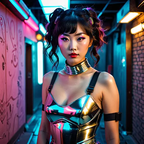 (work of art) best qualityer, ultra detaild, golden neon proportion, ultra realistic) Photo of a Japanese woman with penetrating and intense gaze, dressed in retrofuturistic costume (moles, tshirts, fair shirts, fair dresses) vibrant makeup, bedroom settin...