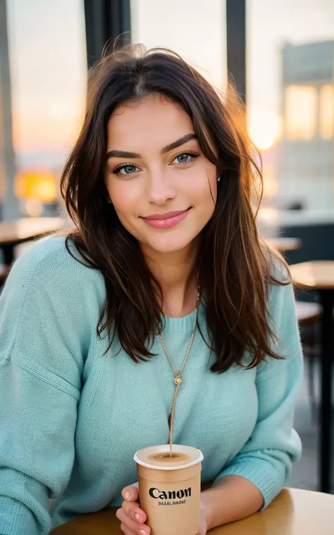 Cute beautiful blonde with yellow sweater (Drinking coffee in a modern café at sunset), muito detalhado, 14years old, innocent face, naturally wavy hair, blue eyes, high-res, ​masterpiece, best qulaity, Intricate detailing, muito detalhado, sharp focus, de...